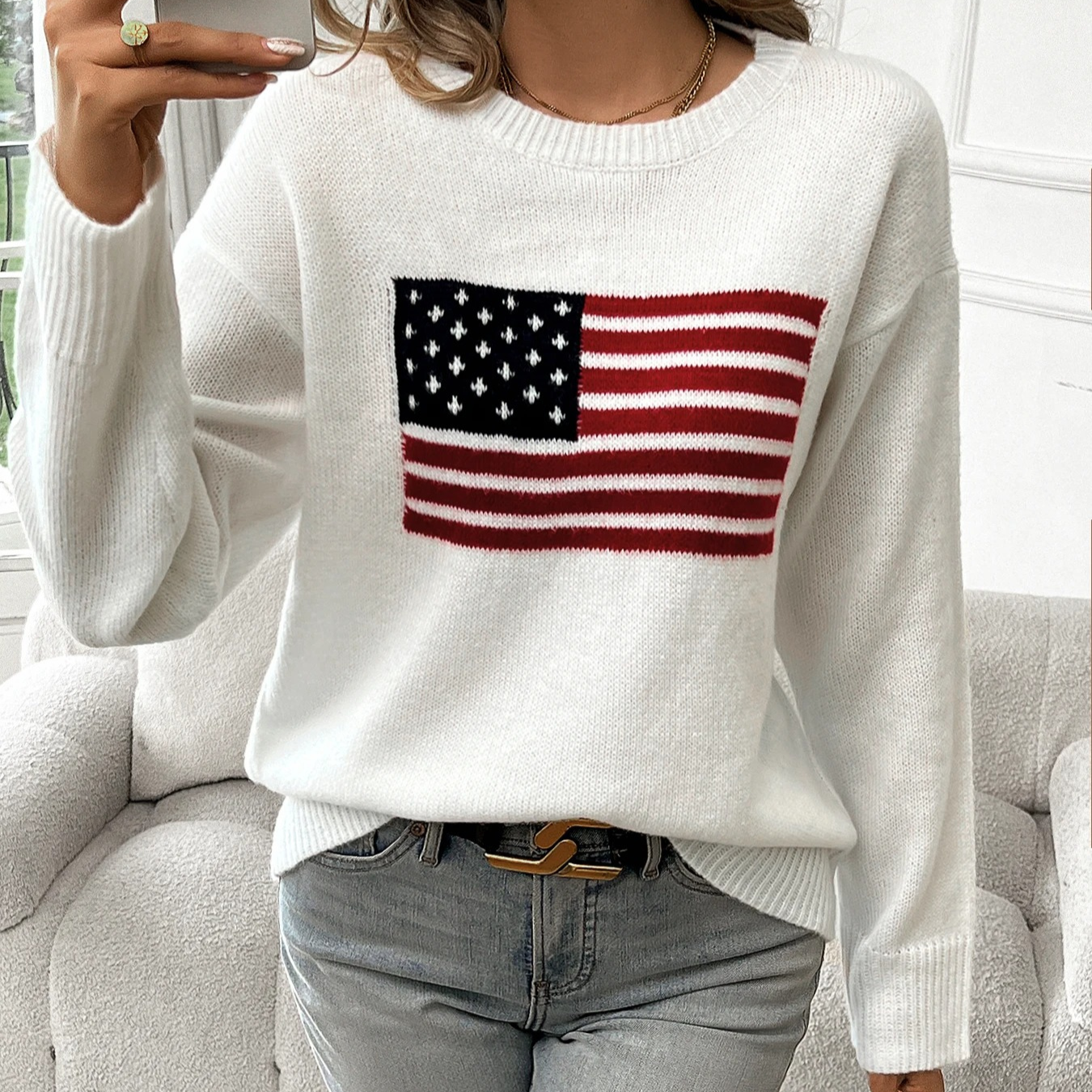 Mandisa - Lässiger Pullover mit amerikanischem Flaggendruck für Herbst und Winter für Damen