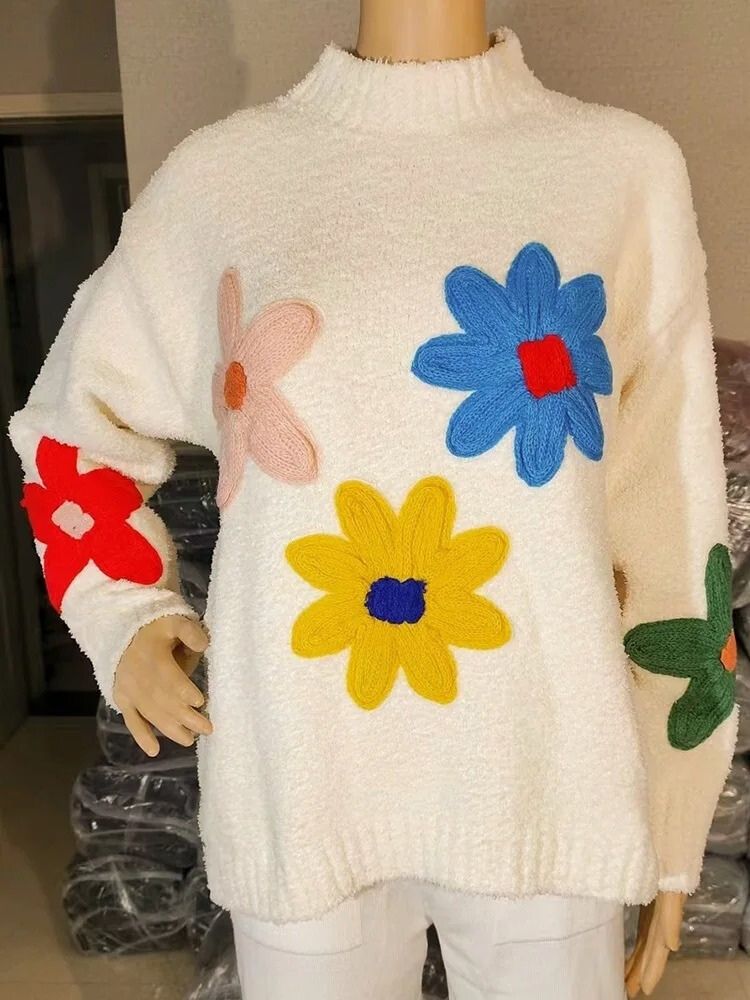 Sabrina - Stylischer Weißer Strickpullover mit Blumenmuster für Damen