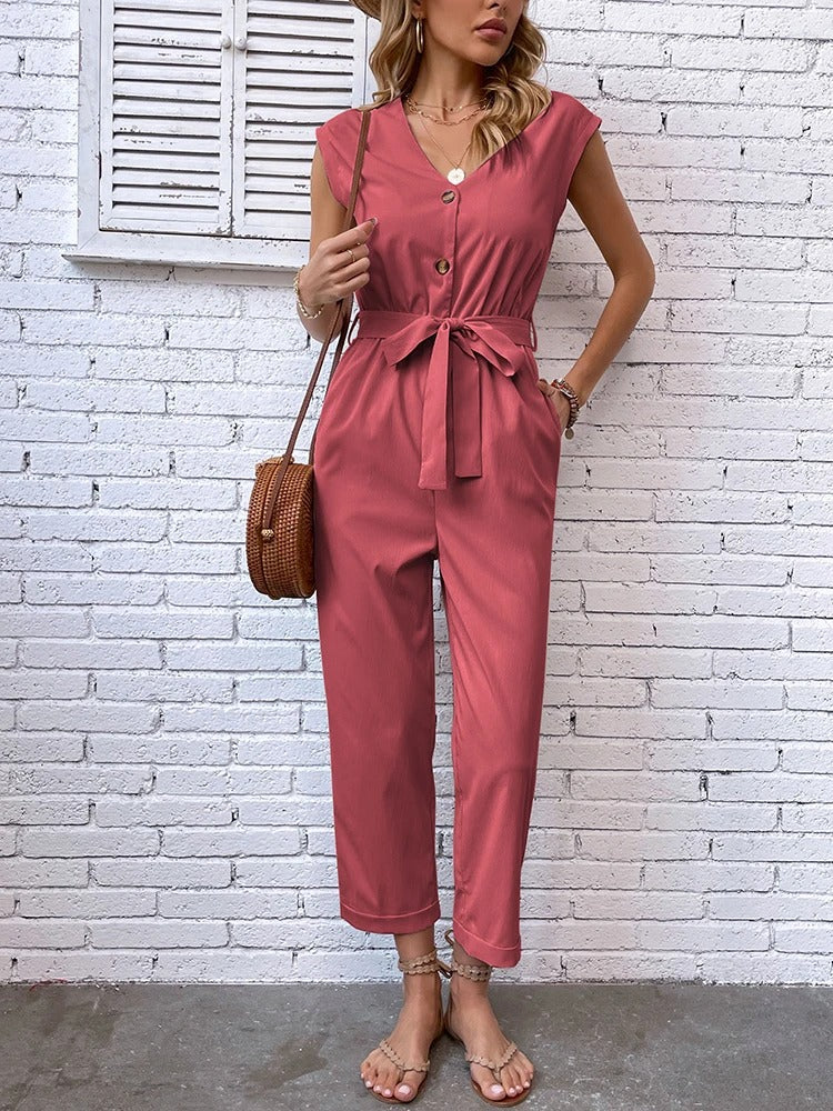 Abby - Blauer V-Ausschnitt Jumpsuit mit Knopfleiste und Weicher Hose für Damen