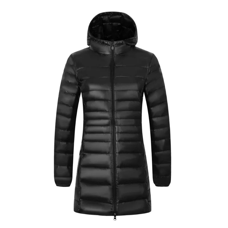 Mia – Lange Damen-Pufferjacke mit Kapuze