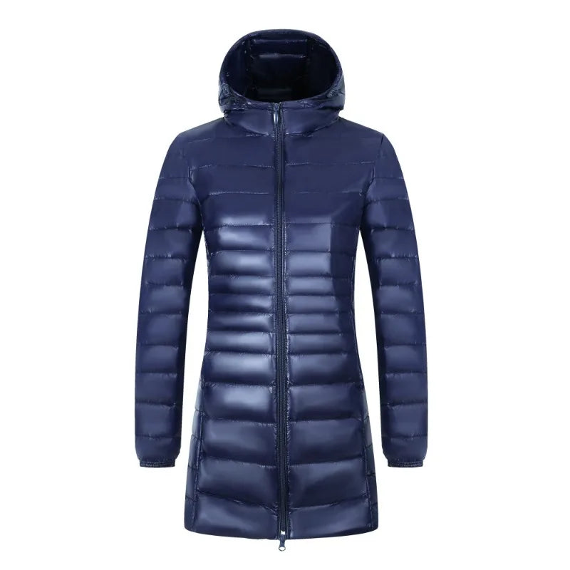 Mia – Lange Damen-Pufferjacke mit Kapuze